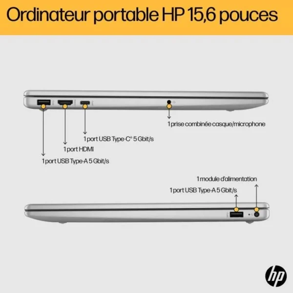 PC Portable HP 15-fc0071nf - 15,6 FHD - Ryzen 5-7520U - RAM 16Go - Stockage 512Go SSD