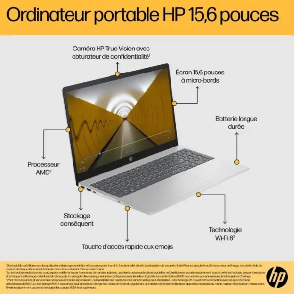 PC Portable HP 15-fc0071nf - 15,6 FHD - Ryzen 5-7520U - RAM 16Go - Stockage 512Go SSD